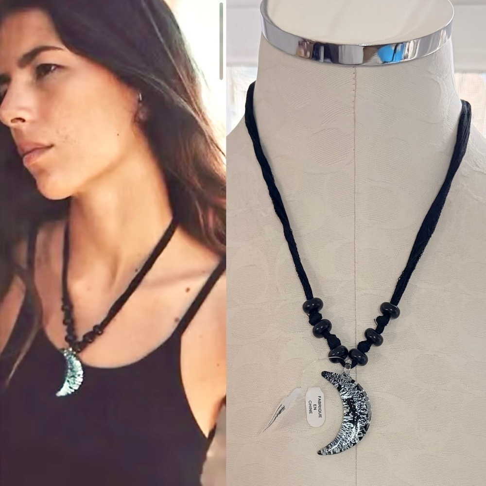 Free People Black Cord Blue Crescent Moon Necklace - Picture 1 of 4
